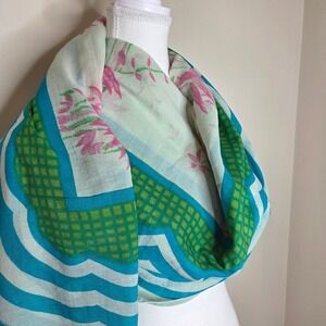 Tamara Catz 100% Cotton Scarf Sarong Pink Bamboo Blue Green Scallop Edge